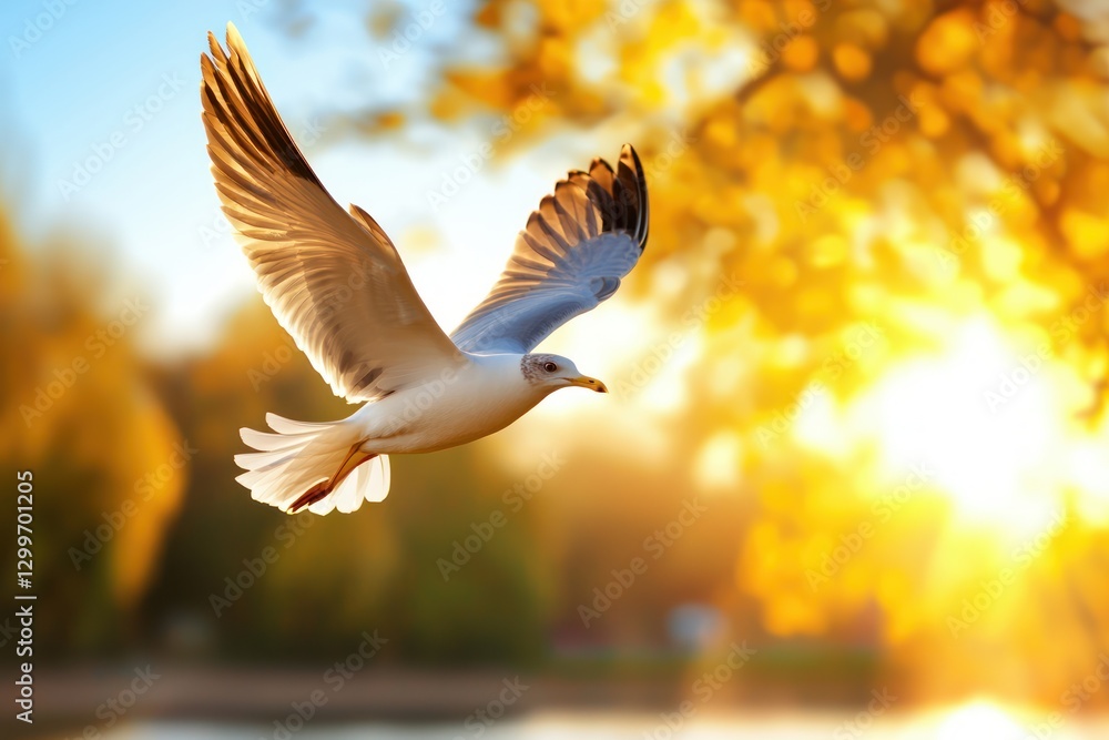 Poster bird in flight against a backdrop of vibrant fall foliage with soft sunset light creating a serene a