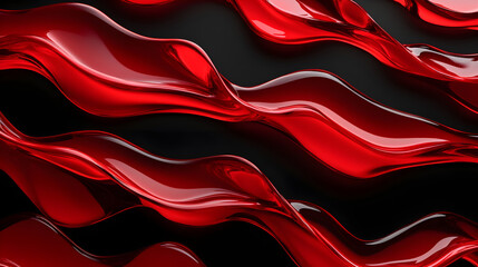 3d render. Red wavy glass shapes dispersion effect on black background