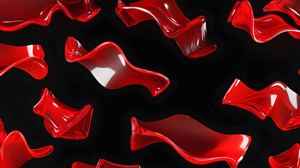 Fototapeta premium 3d render. Red wavy glass shapes dispersion effect on black background