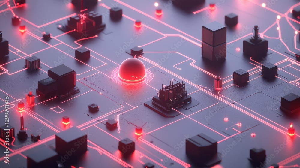 Poster abstract futuristic technology background showcasing glowing red circuit lines connecting various co