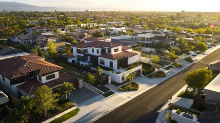 Obraz premium Aerial view of upscale suburban neighborhood at sunset.