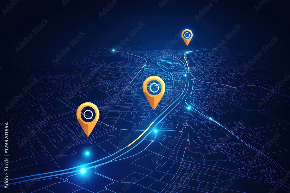 Poster digital blueprint perspective of navigation map with location pointers on a deep blue backdrop