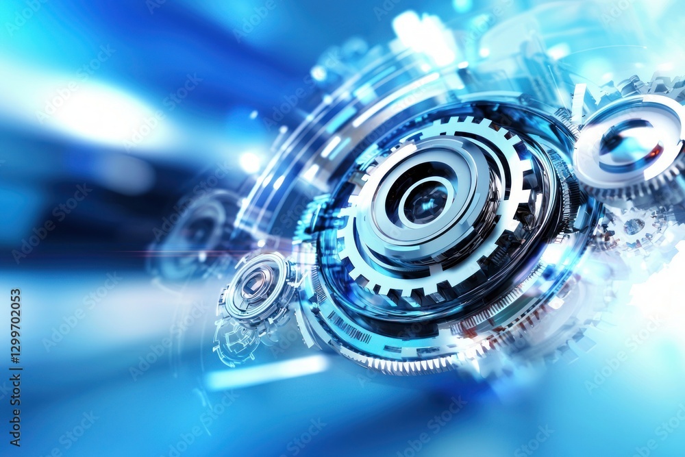 Poster dynamic interlock connection with rotating mechanism silver gears and conceptual background in motio