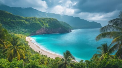 Fototapeta premium Tropical beach relaxation secluded cove landscape photography lush environment aerial view serenity