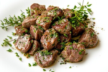 Delicious beef cubes with fresh thyme on a white plate offering a flavorful culinary delight food theme