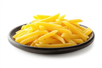 Close up shot capturing fresh penne pasta served in dark rustic plate set against clean white background