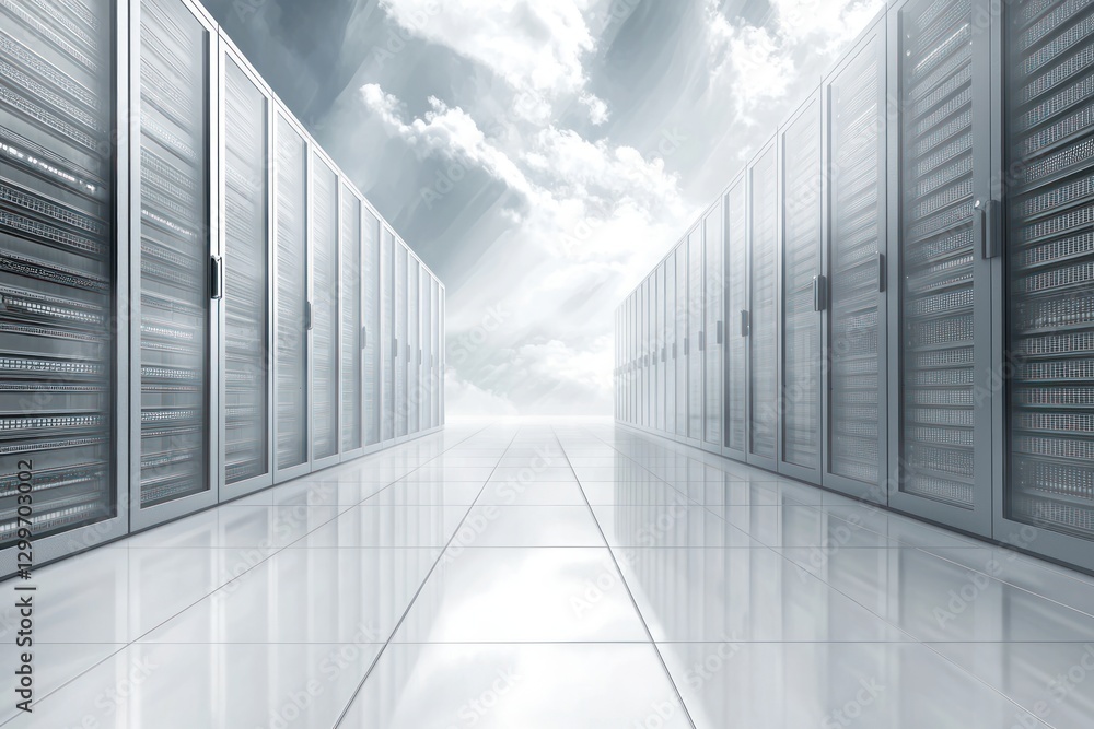 Poster futuristic data center hallway with server racks and cloudy sky background digital information age