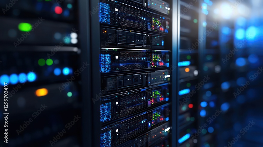 Poster array of data servers with blinking lights in a server room with networking and modern technology