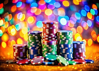Stacked Casino Chips Macro Photography with Vibrant Bokeh - Gambling Advertising Image