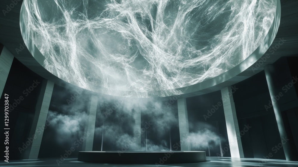 Poster a soft ethereal light cascades from a holographic projector suspended in the ceiling creating an imm