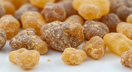 Fototapeta premium Golden Brown Frankincense Resin Pieces on White Background Detailed Macro Photography