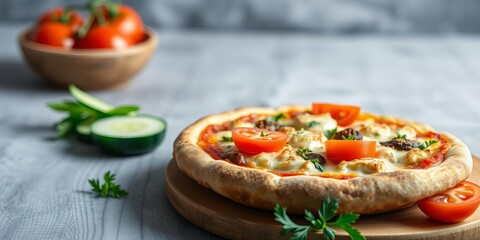 Classic Italian pizza topped with grilled chicken, fresh tomatoes, crunchy cucumbers, and melted cheese, savory, chicken
