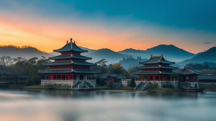 Obraz premium Chinese ancient buddhist house nestled in a serene landscape during a stunning sunset, china, architecture