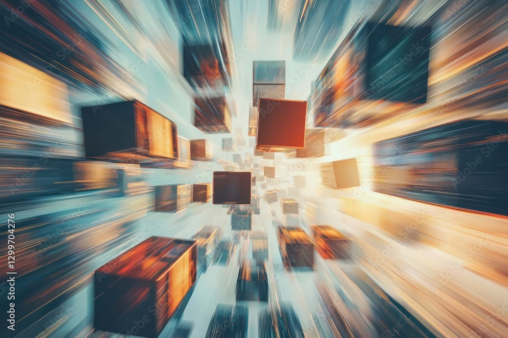 Poster abstract boxes floating fast in digital space with motion blur geometric perspective technology conc