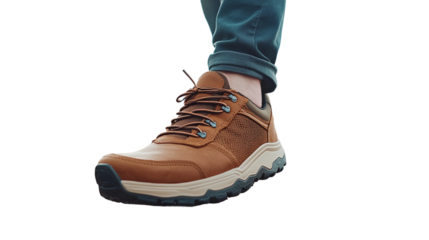 Closeup of man's shoe footwear taking a step, representing urban lifestyle and adventure, ideal for promoting walking, exploring, or personal mobility.