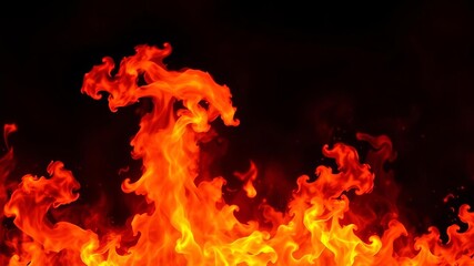 Fototapeta premium Close-up image of a hot fire flame burning and glowing against a black background, creating a beautiful abstract wallpaper with a panorama view of the blazing flames, background, blaze
