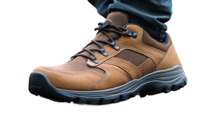 Closeup of man's shoe footwear taking a step, representing urban lifestyle and adventure, ideal for promoting walking, exploring, or personal mobility.