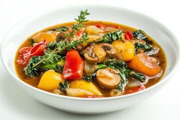 Vibrant vegetable stew with mushroom and thyme in white bowl on white surface appetizing studio light food