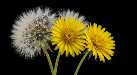 Obraz premium Three Dandelions Life Cycle Stages Yellow Blooms Fluffy Seed Head Black Background Studio Shot
