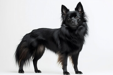 Black German Spitz dog standing on a white background. Animal side portrait.