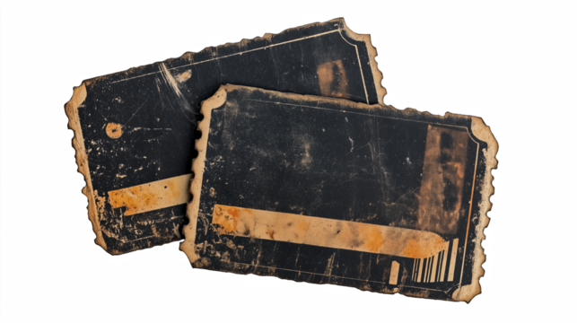 Two old worn black tickets with frayed edges and handwritten marks vintage