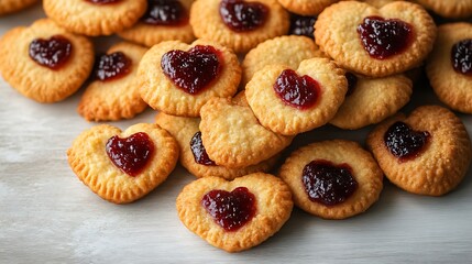 Heart cookies pile on bright surface
