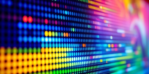 Close up view of vibrant LED video screen displaying colorful digital content, multimedia, vivid
