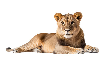 Full-body lion portrait, lying down, isolated on transparent background, representing strength, power, and the majestic wildlife predator from the African jungle.