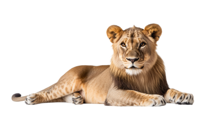 Full-body lion portrait, lying down, isolated on transparent background, representing strength, power, and the majestic wildlife predator from the African jungle.