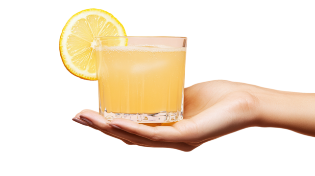 Hand holding a lemonade glass isolated, symbolizing a refreshing summer drink, citrus cocktail with lemon slices, ideal for healthy beverage concepts. - Powered by Adobe