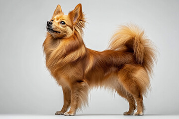 German Spitz dog standing on a white background. Animal side portrait.	
