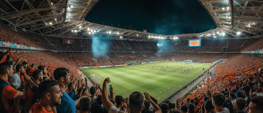 A thrilling night scene at a football stadium filled with fans cheering under bright lights and a dynamic atmosphere.