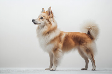 German Spitz dog standing on a white background. Animal side portrait.