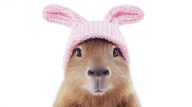 Happy capibara in pink hat celebrating valentines day
