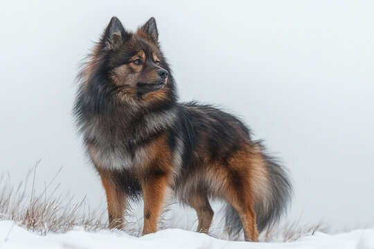 German Spitz dog standing in a natural setting. Animal side portrait.