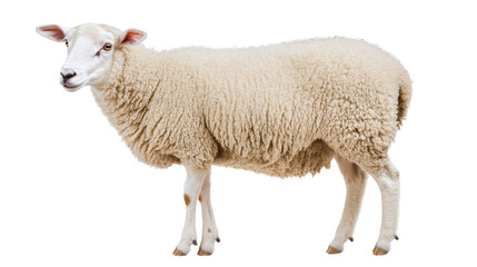 Obraz premium Side view of a sheep isolated, displaying a full-length portrait of a domestic livestock animal, ideal for rural or countryside themes and nature design.