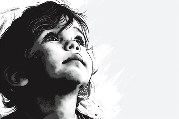 Black and white digital illustration of a cheerful young boy with windblown hair, wearing a hoodie.