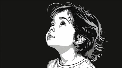 Fototapeta premium Artistic black and white portrait of a young girl gazing upward, featuring dynamic curly hair and detailed facial features.