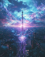 Vibrant Digital Art of Skyscraper with Cosmic Light Effects