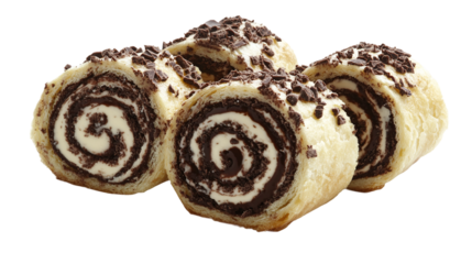 Swiss roll pastry isolated, with chocolate and cream swirled filling, representing a delicious, sweet dessert perfect for bakery items or food photography.