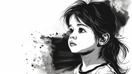 Artistic black and white portrait of a young girl gazing upward, featuring dynamic curly hair and detailed facial features.