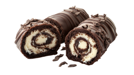 Swiss roll pastry isolated, with chocolate and cream swirled filling, representing a delicious, sweet dessert perfect for bakery items or food photography.