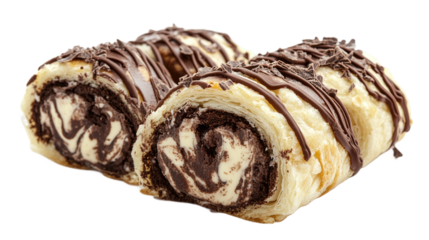 Swiss roll pastry isolated, with chocolate and cream swirled filling, representing a delicious, sweet dessert perfect for bakery items or food photography.