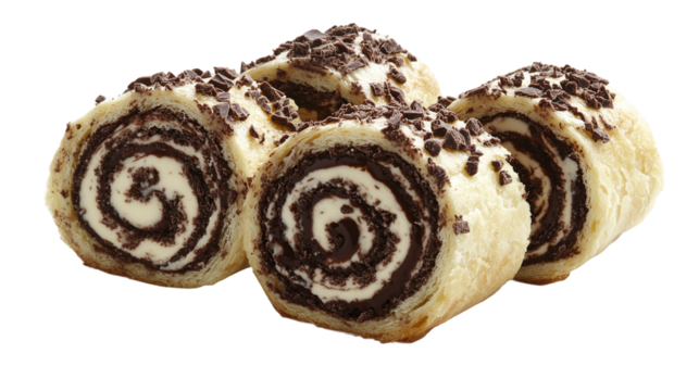 Swiss roll pastry isolated, with chocolate and cream swirled filling, representing a delicious, sweet dessert perfect for bakery items or food photography.