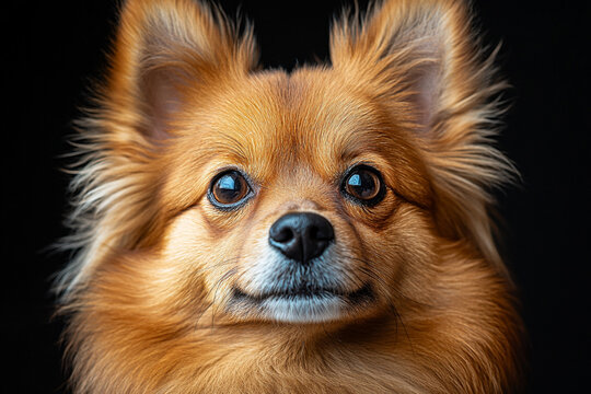 German Spitz dog close-up portrait on a black background.	