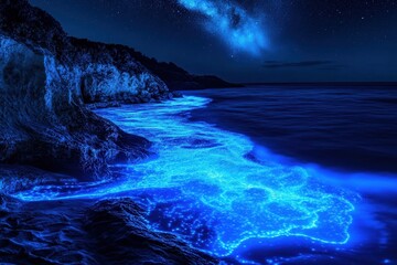 Stunning Bioluminescent Waves Crash on Midnight Ocean Beach Scene