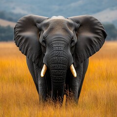 Naklejka premium Elephant standing in field, hills behind