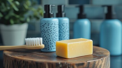 Bathroom toiletries on wooden slice, blue bottles, soap, brush