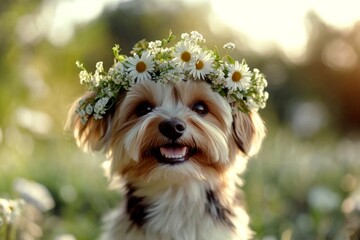 Golden sunrise. Vacation time happiness. Cute baby dog havanese wearing fierce flower crown on its...