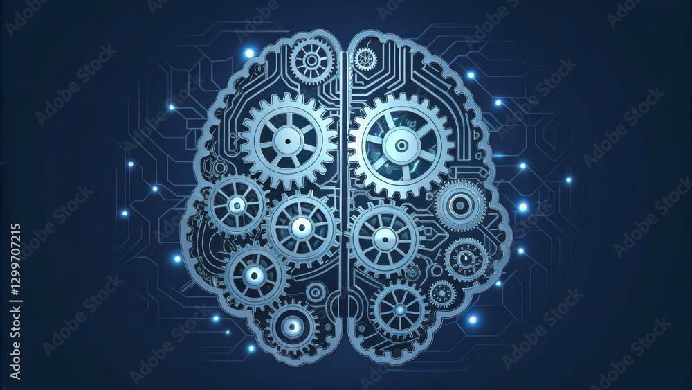 Poster brain composed of interconnected gears and circuits, symbolizing technology and innovation. intricat